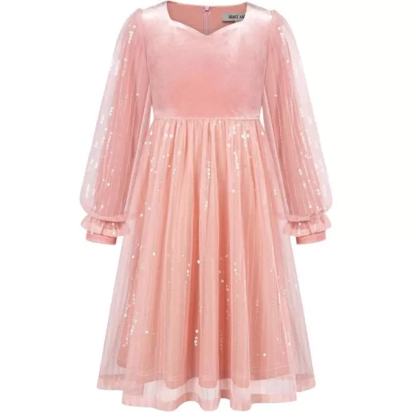 GRACE KARIN Girls Velvet Sequin Dress Girls Long Sleeve Elegant Cute Sequin Dress for 512YPink