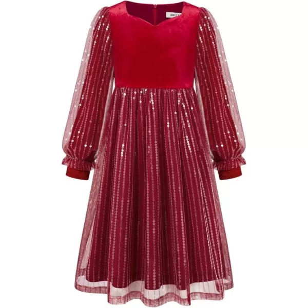 GRACE KARIN Girls Velvet Sequin Dress Girls Long Sleeve Elegant Cute Sequin Dress for 512YWine Red