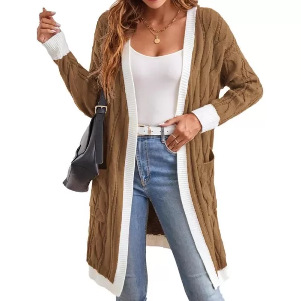 GRACE KARIN Long Cardigan Sweaters for Women 2023 Solid Color Cable Knit Oversized Cardigans with PocketsKhakiwhite Chunky