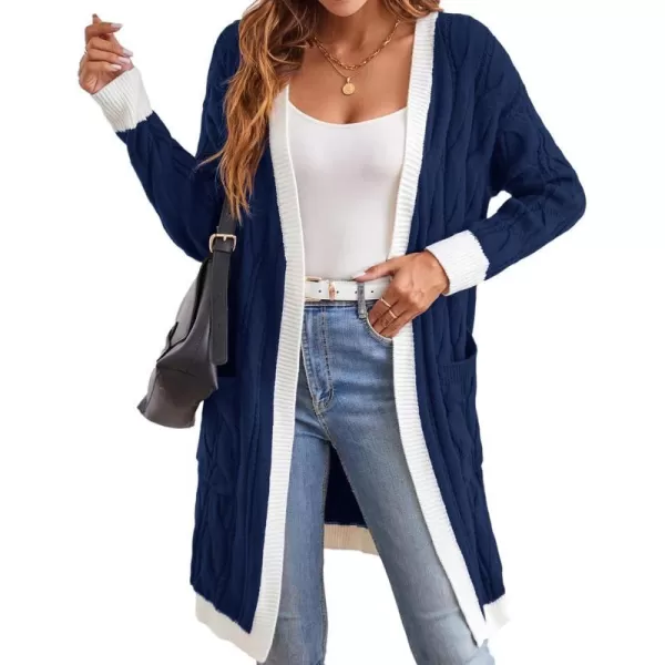 GRACE KARIN Long Cardigan Sweaters for Women 2023 Solid Color Cable Knit Oversized Cardigans with PocketsNavywhite Chunky