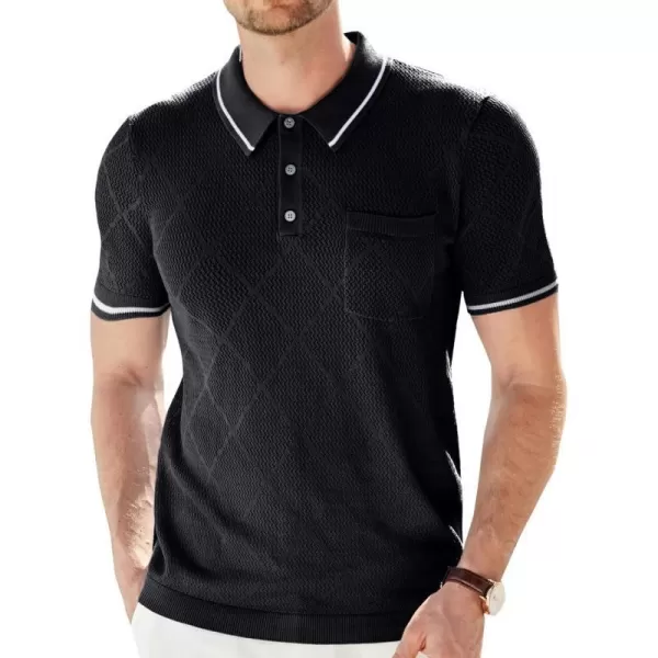 GRACE KARIN Men HollowedOut Sweater Short Sleeve Lapel Collar Buttonup KnitwearBlack