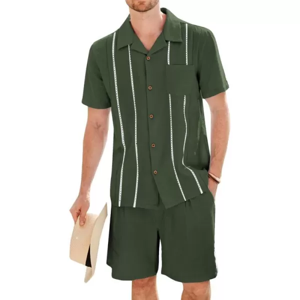 GRACE KARIN Mens 2 Pieces Shirt Sets Casual Guayabera Cotton Linen Sets Outfits Short Sleeve Button Down Shirts and ShortsArmy Green