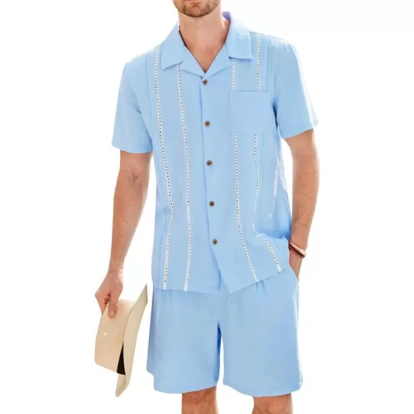 GRACE KARIN Mens 2 Pieces Shirt Sets Casual Guayabera Cotton Linen Sets Outfits Short Sleeve Button Down Shirts and ShortsLight Blue