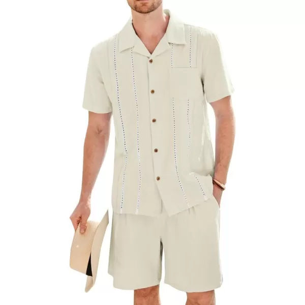 GRACE KARIN Mens 2 Pieces Shirt Sets Casual Guayabera Cotton Linen Sets Outfits Short Sleeve Button Down Shirts and ShortsOffwhite