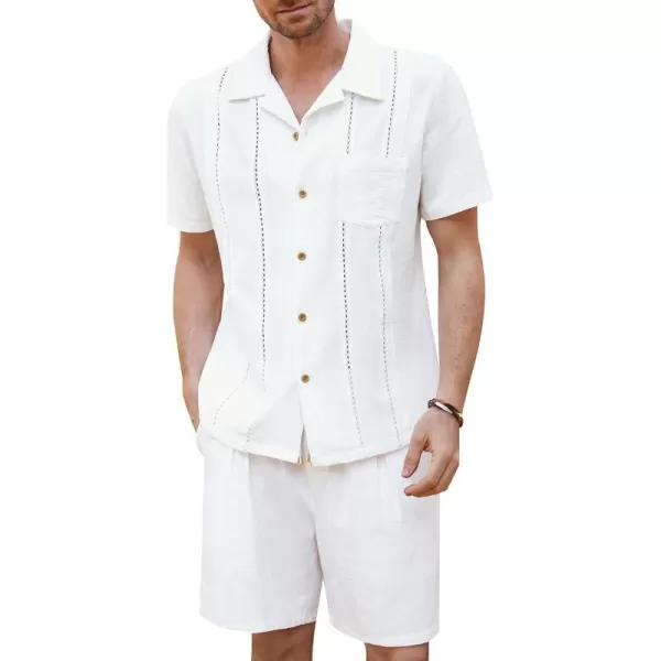 GRACE KARIN Mens 2 Pieces Shirt Sets Casual Guayabera Cotton Linen Sets Outfits Short Sleeve Button Down Shirts and ShortsWhite