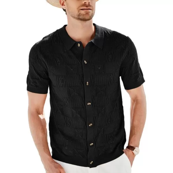 GRACE KARIN Mens Knit Button Down Polo Shirts Short Sleeve Beach Shirts for Men Casual Stylish SummerBlack