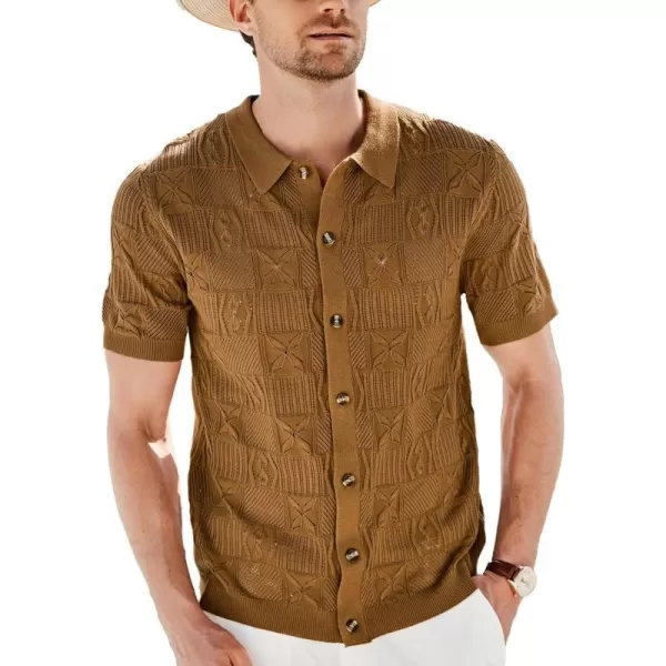 GRACE KARIN Mens Knit Button Down Polo Shirts Short Sleeve Beach Shirts for Men Casual Stylish SummerBrown