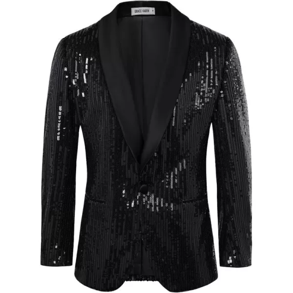 GRACE KARIN Mens Shiny Sequin Blazer One Button Suit Jacket Shawl Lapel Tuxedo Party Dinner PromBlack