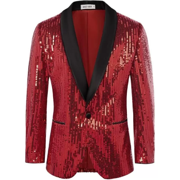 GRACE KARIN Mens Shiny Sequin Blazer One Button Suit Jacket Shawl Lapel Tuxedo Party Dinner PromRed