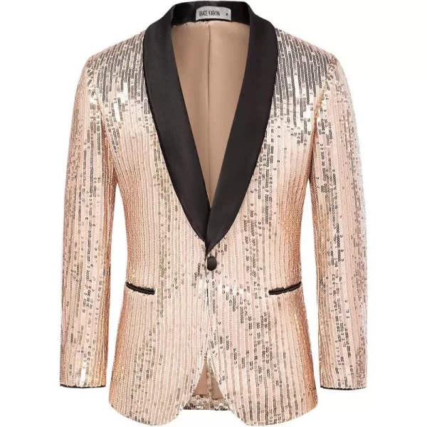 GRACE KARIN Mens Shiny Sequin Blazer One Button Suit Jacket Shawl Lapel Tuxedo Party Dinner PromRose Gold