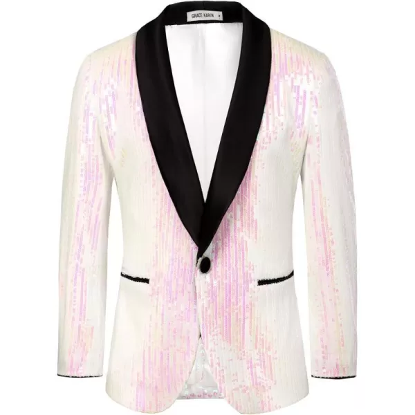 GRACE KARIN Mens Shiny Sequin Blazer One Button Suit Jacket Shawl Lapel Tuxedo Party Dinner PromWhite Pink