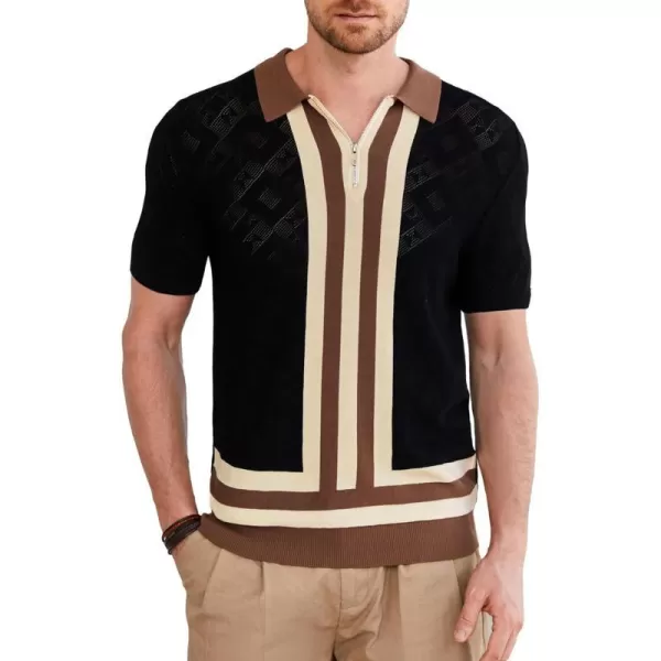 GRACE KARIN Mens Zipper Polo Shirts Short Sleeve Vintage Knit Stripe Golf Shirts for MenBlack