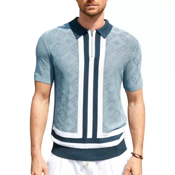 GRACE KARIN Mens Zipper Polo Shirts Short Sleeve Vintage Knit Stripe Golf Shirts for MenBlue