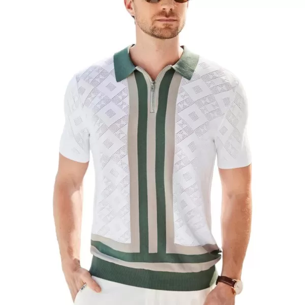 GRACE KARIN Mens Zipper Polo Shirts Short Sleeve Vintage Knit Stripe Golf Shirts for MenWhite