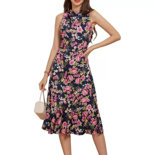 GRACE KARIN Mock Neck Sleeveless Dress Floral Wedding Guest Dress Boho Backless Midi Dress Summer Beach DressNavy Bluepink Floral