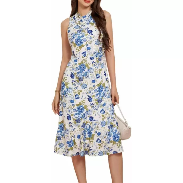 GRACE KARIN Mock Neck Sleeveless Dress Floral Wedding Guest Dress Boho Backless Midi Dress Summer Beach DressWhiteblue Floral