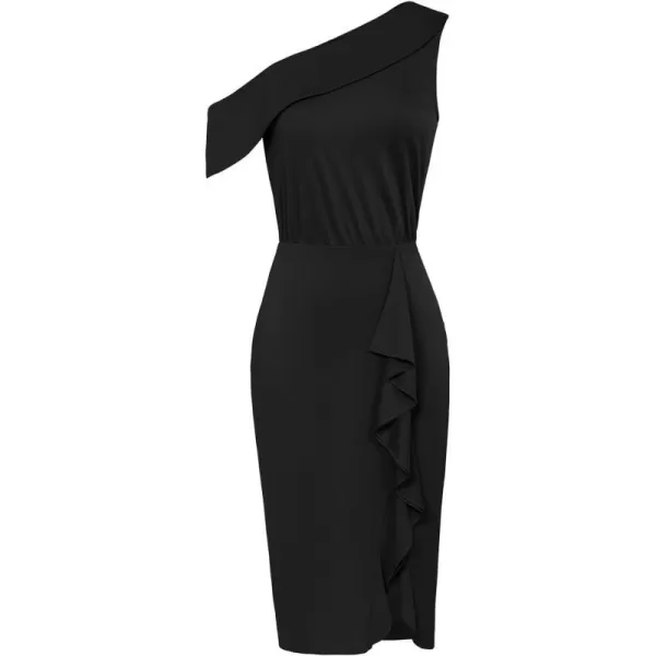 GRACE KARIN One Shoulder Dresses for Women Ruffle Slit Bodycon Midi Dress Wedding Guest Cocktail Party DressBlack