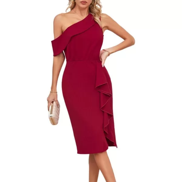 GRACE KARIN One Shoulder Dresses for Women Ruffle Slit Bodycon Midi Dress Wedding Guest Cocktail Party DressWine Red