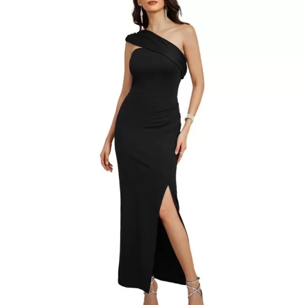 GRACE KARIN One Shoulder Long Formal Dresses for Women Evening Party Slit Ruched Bodycon Maxi Dress Wedding Prom DressBlack