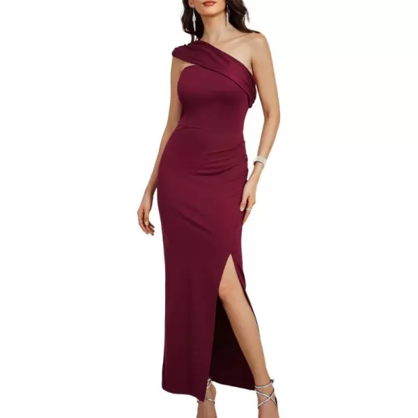 GRACE KARIN One Shoulder Long Formal Dresses for Women Evening Party Slit Ruched Bodycon Maxi Dress Wedding Prom DressWine Red