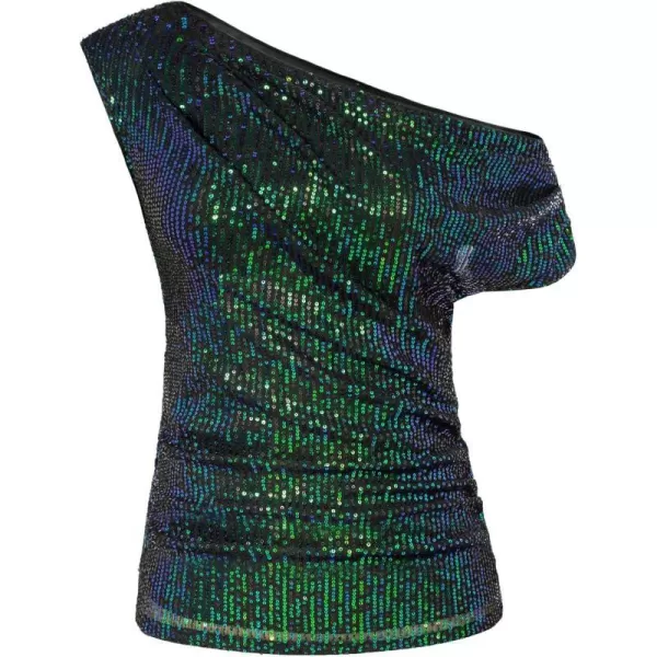 GRACE KARIN One Shoulder Sequin Sparkly Tops for Women Ruched Asymmetrical Glitter Tops Slimming Sparkle Party ShirtsDazzlingblue Green