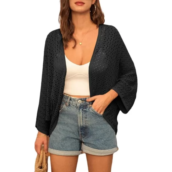 GRACE KARIN Open Front 34 Sleeve Batwing Cardigan for Women Lightweight Crochet Summer Cardigan Hollowout Cover UpsBlack