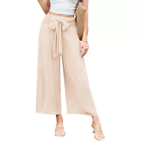 GRACE KARIN Palazzo Pants for Women Casual Elastic Waist Wide Leg Summer High Waisted Trousers Lounge Tie Knot LooseApricot