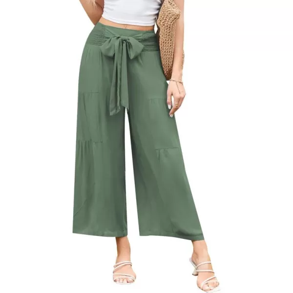 GRACE KARIN Palazzo Pants for Women Casual Elastic Waist Wide Leg Summer High Waisted Trousers Lounge Tie Knot LooseArmy Green