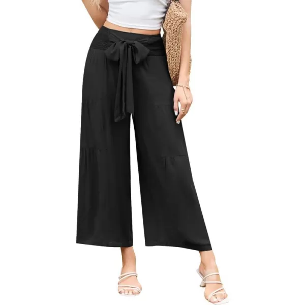 GRACE KARIN Palazzo Pants for Women Casual Elastic Waist Wide Leg Summer High Waisted Trousers Lounge Tie Knot LooseBlack