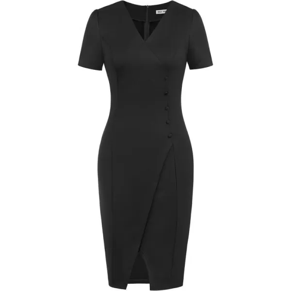 GRACE KARIN Pencil Work Dresses for Women Puff Short Sleeve Office Wrap Slit Summer DressBlack