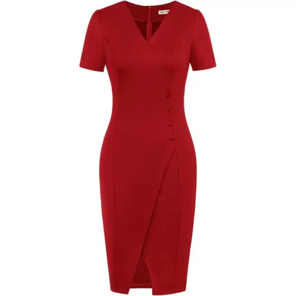 GRACE KARIN Pencil Work Dresses for Women Puff Short Sleeve Office Wrap Slit Summer DressRed