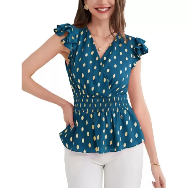 GRACE KARIN Peplum Tops for Women Wrap V Neck Business Casual Blouses Short Sleeve Polka Dot Ruffle Summer Tops ShirtsBlue Green