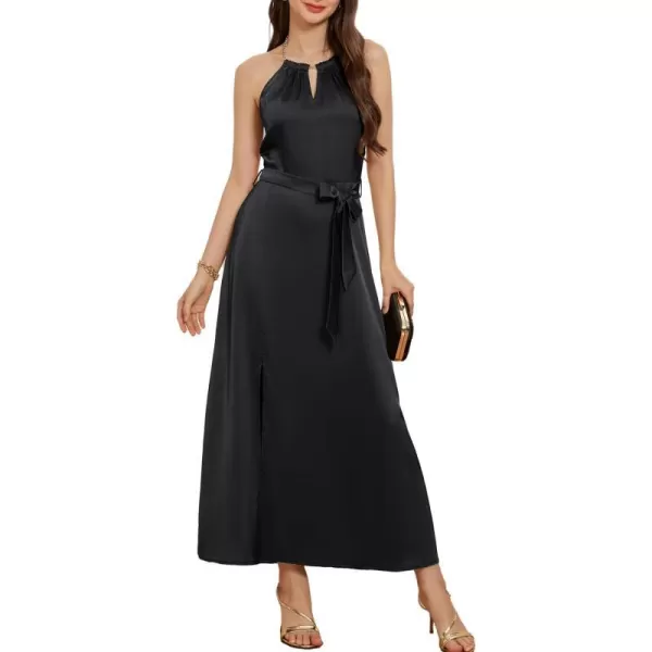 GRACE KARIN Satin Dress for Women with Chain Halter Dresses Belt Slit Cocktail Maxi DressBlack