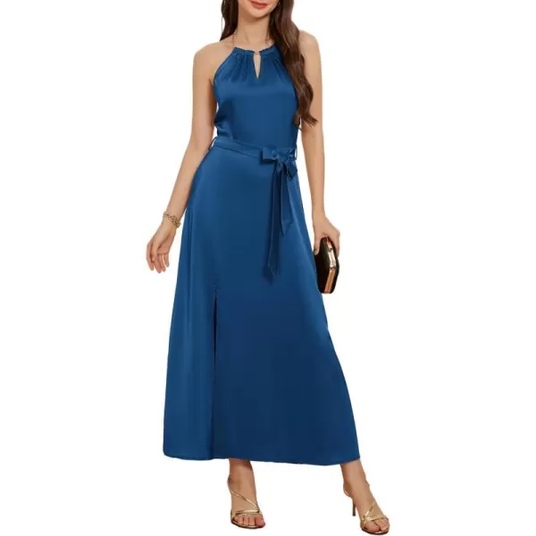 GRACE KARIN Satin Dress for Women with Chain Halter Dresses Belt Slit Cocktail Maxi DressDark Blue