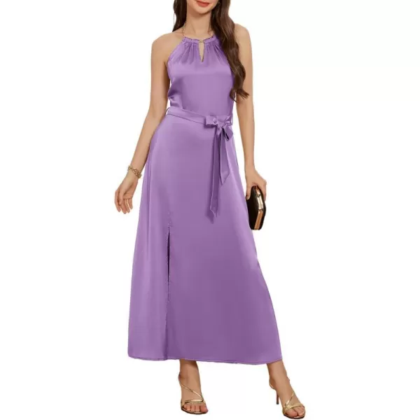 GRACE KARIN Satin Dress for Women with Chain Halter Dresses Belt Slit Cocktail Maxi DressLight Purple