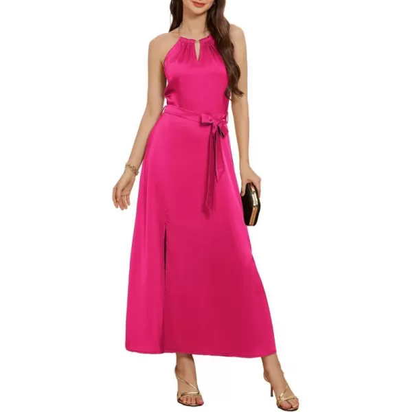 GRACE KARIN Satin Dress for Women with Chain Halter Dresses Belt Slit Cocktail Maxi DressRose Red