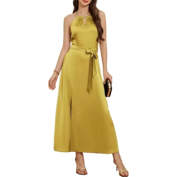 GRACE KARIN Satin Dress for Women with Chain Halter Dresses Belt Slit Cocktail Maxi DressYellowgreen