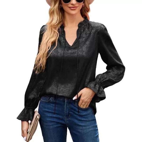 GRACE KARIN Satin Tops for Women Ruffle Bell Long Sleeve V Neck Loose Office Work Blouse Shirts Silk TopsBlackjacquard