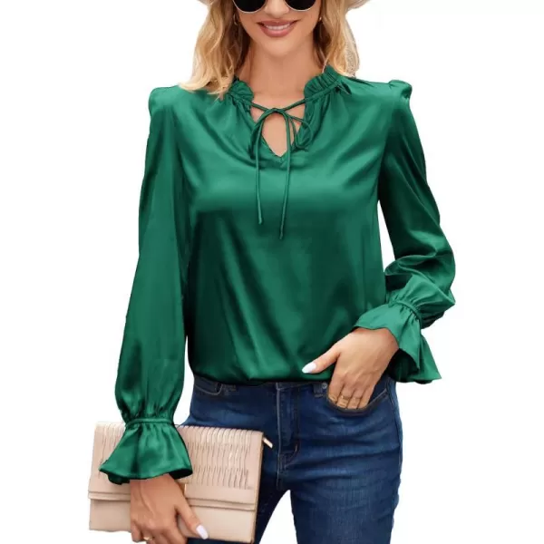 GRACE KARIN Satin Tops for Women Ruffle Bell Long Sleeve V Neck Loose Office Work Blouse Shirts Silk TopsDark Greensolid