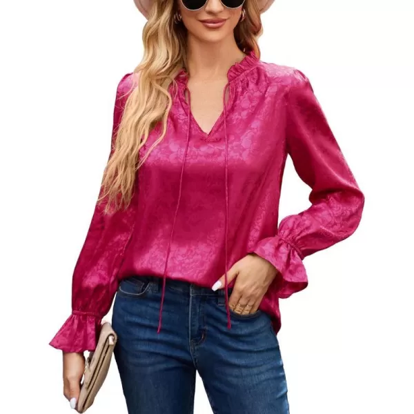 GRACE KARIN Satin Tops for Women Ruffle Bell Long Sleeve V Neck Loose Office Work Blouse Shirts Silk TopsMagentajacquard