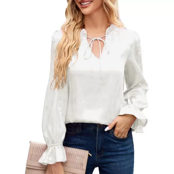 GRACE KARIN Satin Tops for Women Ruffle Bell Long Sleeve V Neck Loose Office Work Blouse Shirts Silk TopsWhitejacquard