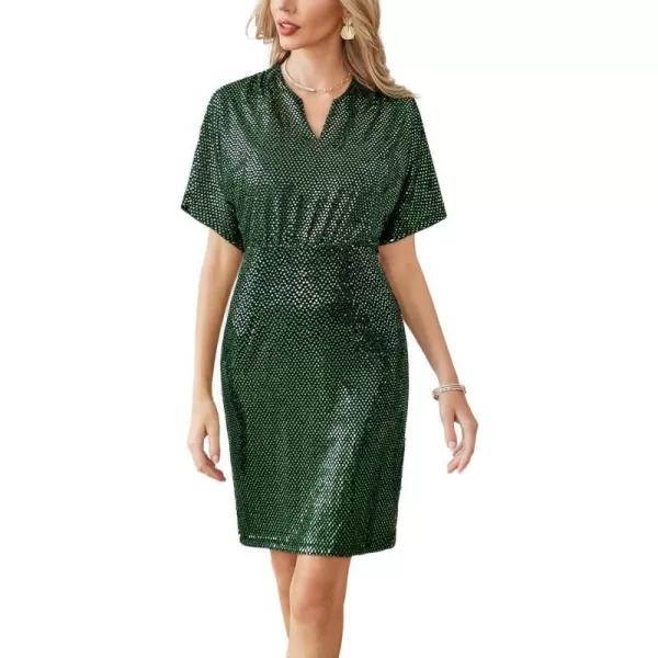 GRACE KARIN Sequin Dresses for Women Sparkly Batwing Sleeves V Neck Midi Bodycon Dress Cocktail PartyDark Green