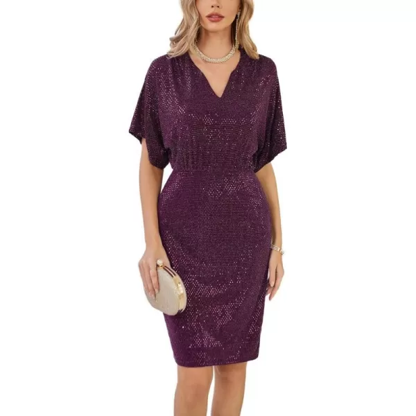 GRACE KARIN Sequin Dresses for Women Sparkly Batwing Sleeves V Neck Midi Bodycon Dress Cocktail PartyPurple