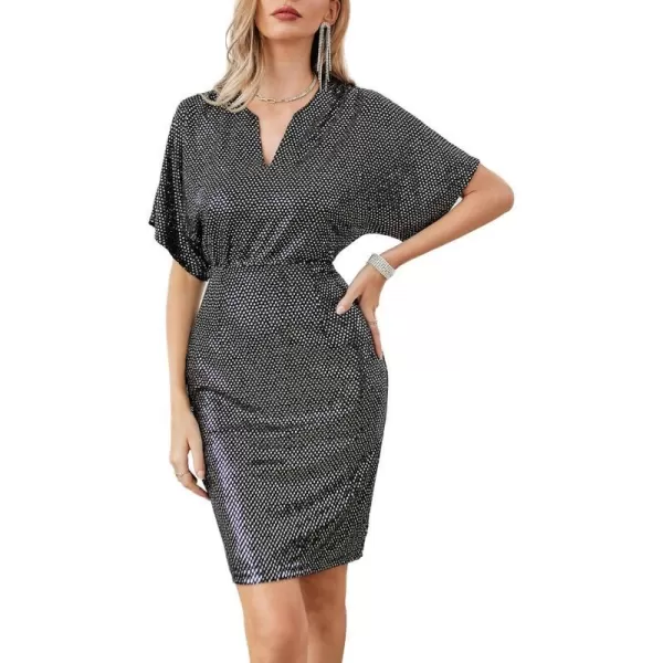 GRACE KARIN Sequin Dresses for Women Sparkly Batwing Sleeves V Neck Midi Bodycon Dress Cocktail PartySilver Gray