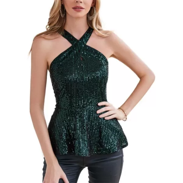 GRACE KARIN Sequin Halter Tops for Women 2023 Christmas Sleeveless Peplum Sparkle Tops Party Club Dressy ShirtBlack Green