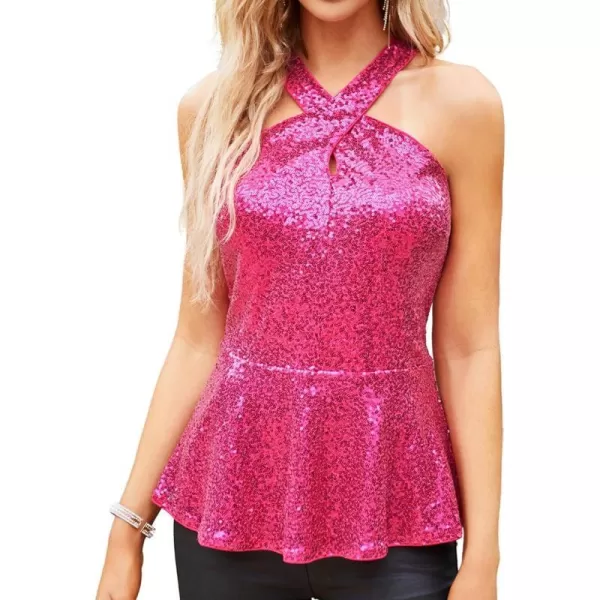 GRACE KARIN Sequin Halter Tops for Women 2023 Christmas Sleeveless Peplum Sparkle Tops Party Club Dressy ShirtRose Red