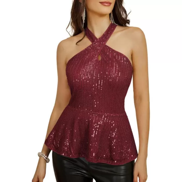 GRACE KARIN Sequin Halter Tops for Women 2023 Christmas Sleeveless Peplum Sparkle Tops Party Club Dressy ShirtWine