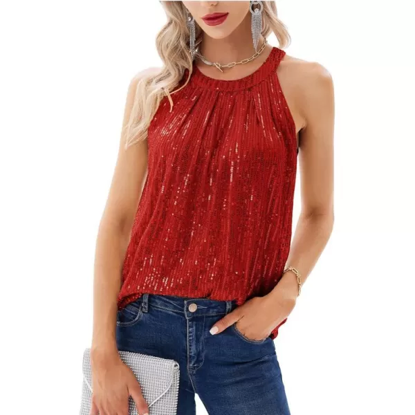 GRACE KARIN Sequin Halter Tops for Women Sleeveless Dressy Sparkle Tank Camisole Tops Party Club Cocktail Vest ShirtBright Red