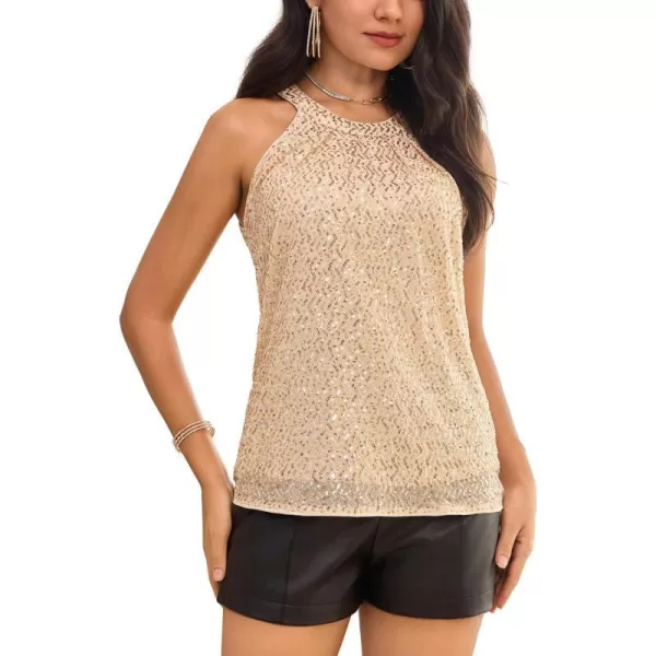 GRACE KARIN Sequin Halter Tops for Women Sleeveless Dressy Sparkle Tank Camisole Tops Party Club Cocktail Vest ShirtChampagnewavy