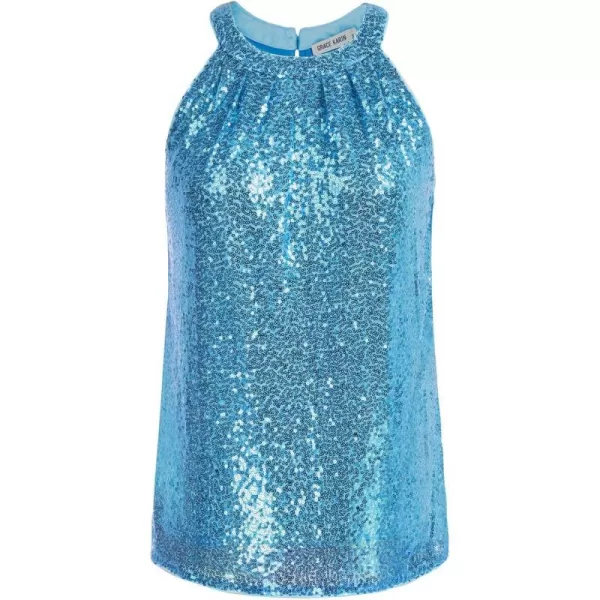 GRACE KARIN Sequin Halter Tops for Women Sleeveless Dressy Sparkle Tank Camisole Tops Party Club Cocktail Vest ShirtLake Blue